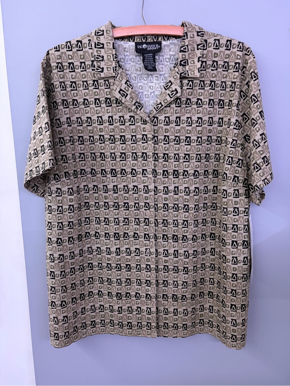 Vintage Sag Harbor Sport Tan Geometric Short-Sleeve Shirt for Women Size XL